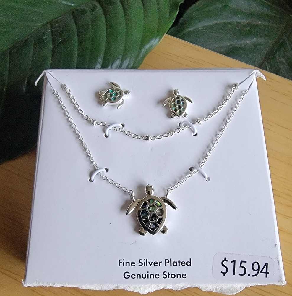 Silver Plated Abalone Shell Turtle Necklace & Earring Jewelry Set. NWT.